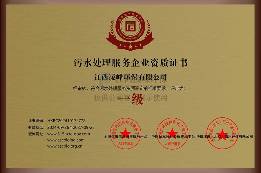 污水处理服务企业资质证书（一级）