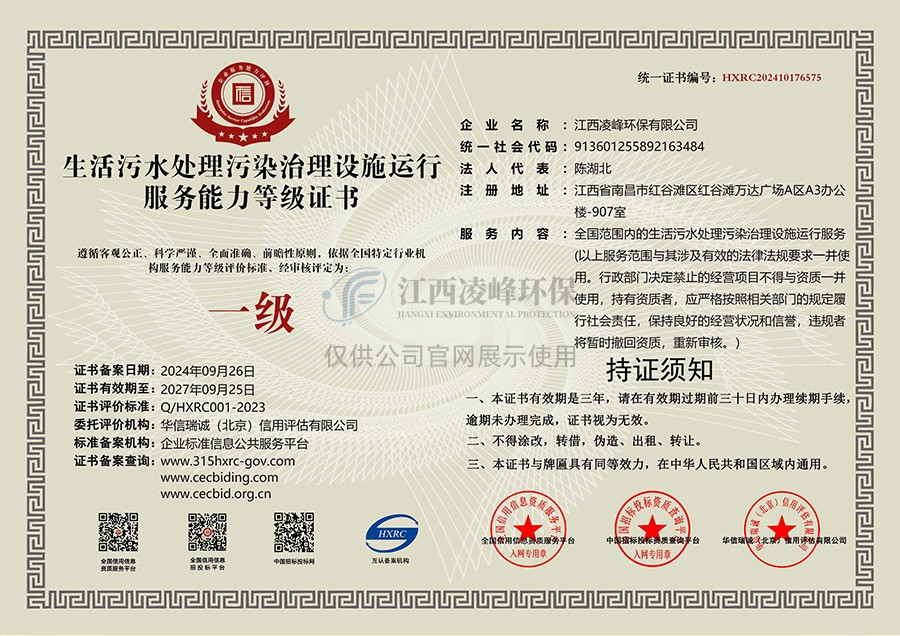 生活污水处理污染治理设施运行服务能力等级证书（一级）